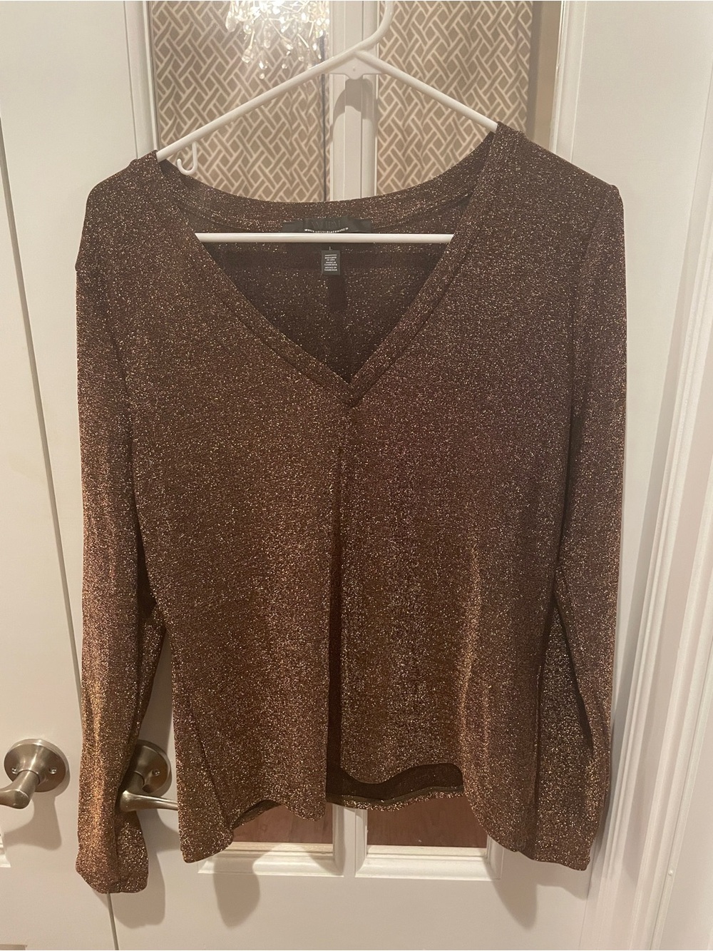 White House Black Market Metallic Bronze V-Neck Long Sleeve Top